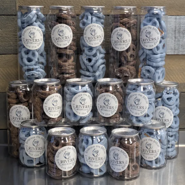 Sweets Treats - Cans of Chocolate Cover Pretzels and Blueberry Creme Pretzels