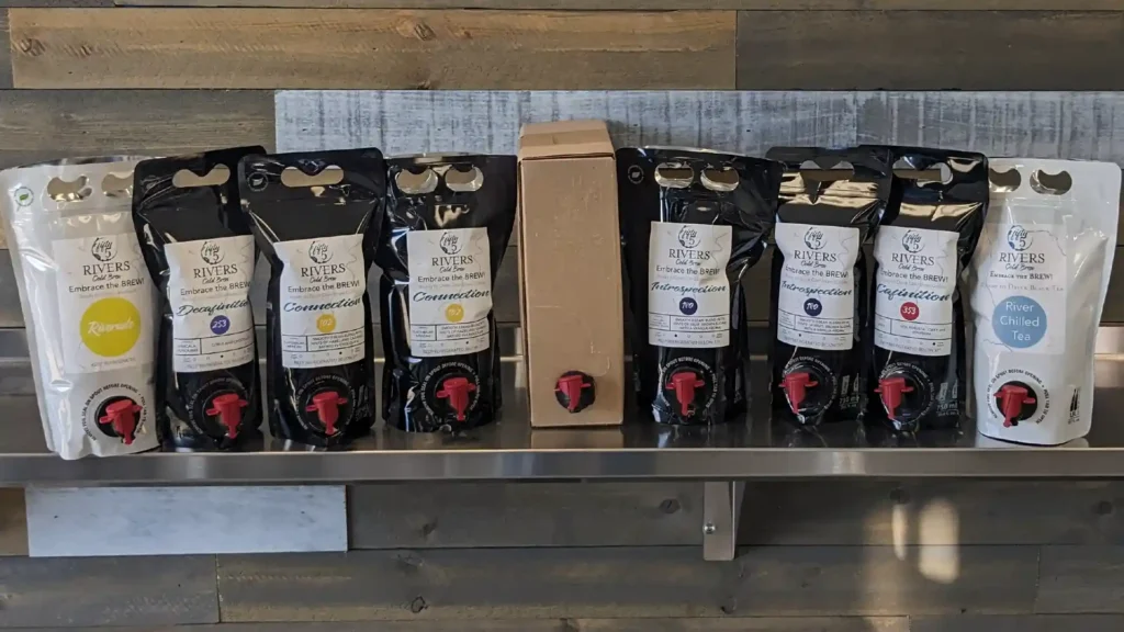 Fifty5 Rivers Ready to Drink Pouches and Bag in a Box Fifty5 Rivers Ready to Drink Pouches and Bag in a Box for Cold Brew Coffee, Riverade (lemonade), River Chilled Tea (unsweetended black tea)