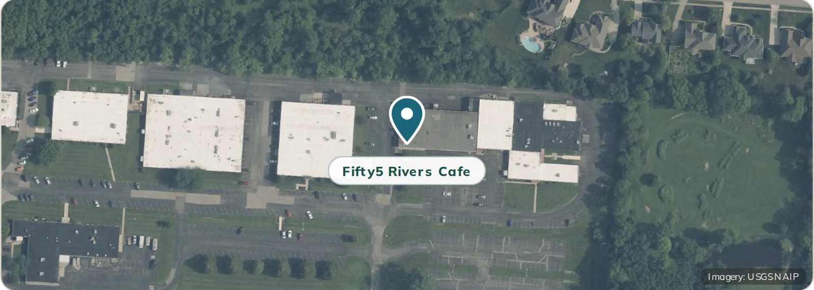Aerial map showing the Fifty5 Rivers Cafe location inside the Beavercreek Chamber of Commerce Business Success Center at 2680 Indian Ripple Rd., Beavercreek, Ohio